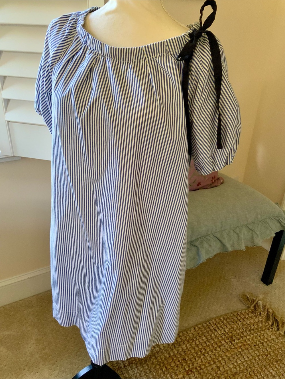 Free Assembly Blue and White Striped On or Off-Shoulder Dress with Black Tie